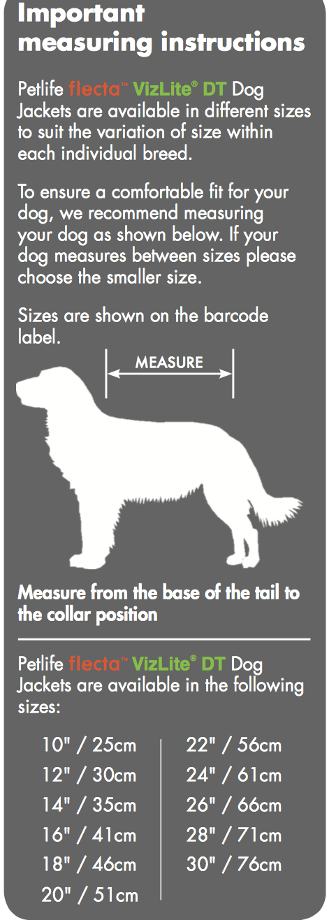 petlife flecta vizlite size chart